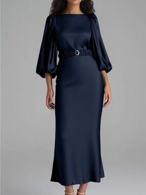 Navy Satin Midi Dress with Puff Sleeves and Belt